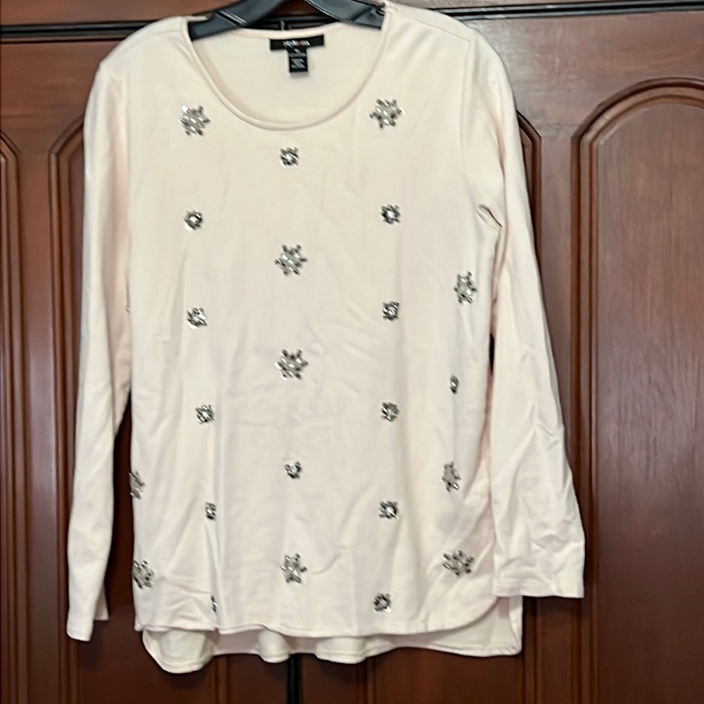 Style & Co Pink Shirt With Sparkly Sequins Snowflakes Size Medium
